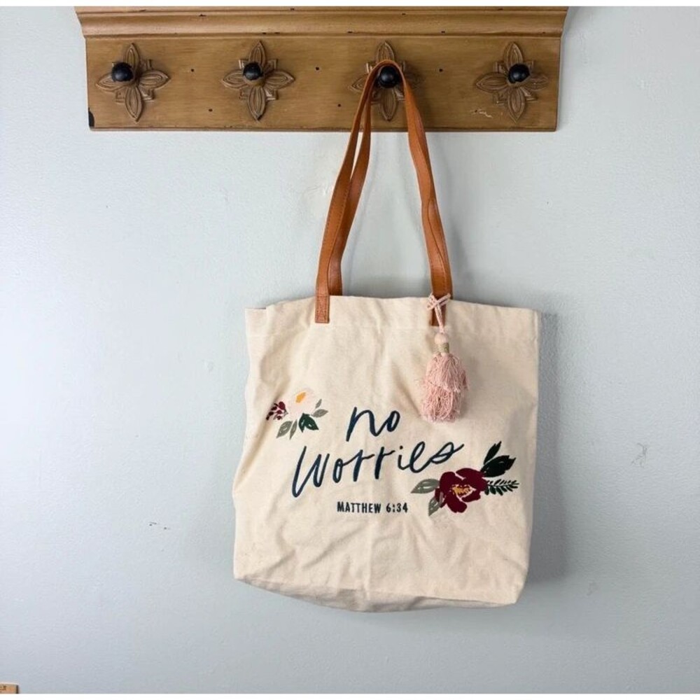 Inspirational Faith Canvas Tote Bag No Worries Matthew 6:34 Floral